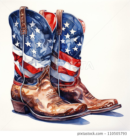 A pair of western style cowboy boots. Stylish decorative cowboy boots, embroidered with traditional American symbols. Watercolor drawing on the theme of independence day A pair of western style cowboy boots. Stylish decorative cowboy boots, embroidered with traditional American symbols. Watercolor drawing on the theme of independence day 110505793