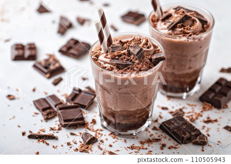 Chocolate milkshake or smoothie with pieces of chocolate on a white background. 110505943