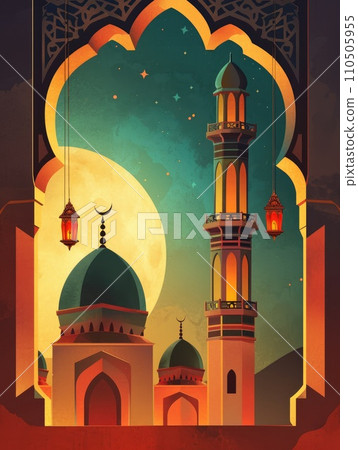 Ramadan Mubarak greeting cards. Windows and arches with moon, mosque dome and lanterns Ramadan Mubarak greeting cards. Windows and arches with moon, mosque dome and lanterns 110505955
