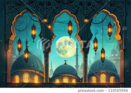Ramadan Mubarak greeting cards. Windows and arches with moon, mosque dome and lanterns Ramadan Mubarak greeting cards. Windows and arches with moon, mosque dome and lanterns 110505956