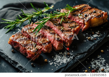 Sliced grilled meat steak with spices rosemary and pepper on black marble board Sliced grilled meat steak with spices rosemary and pepper on black marble board 110505963