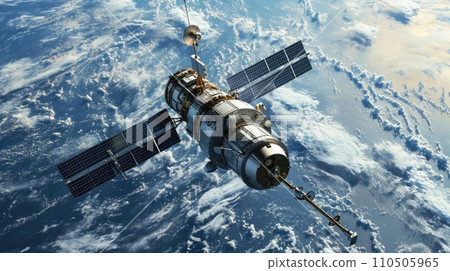 Space satellite with antenna and solar panels in space against the background of the earth. 110505965