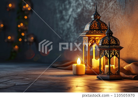 Ornamental Arabic lantern with burning candle glowing at night. Muslim holy month Ramadan Kareem. Ornamental Arabic lantern with burning candle glowing at night. Muslim holy month Ramadan Kareem. 110505970