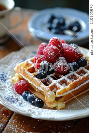 Waffles with raspberry and blueberry on plate Waffles with raspberry and blueberry on plate 110505976
