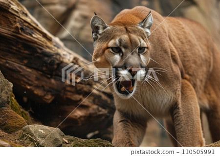Roaring cougar or mountain lion hunts its prey Roaring cougar or mountain lion hunts its prey 110505991