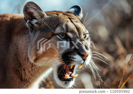 Roaring cougar or mountain lion hunts its prey 110505992