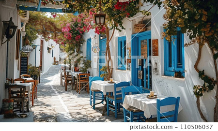 Greek culture with traditional white and blue greek architecture, taverna 110506037