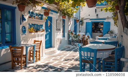 Greek culture with traditional white and blue greek architecture, taverna 110506038