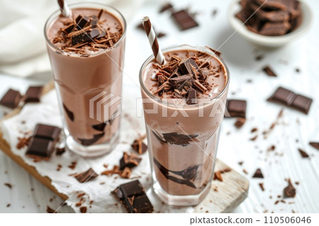 Chocolate milkshake or smoothie with pieces of chocolate on a white background. 110506046