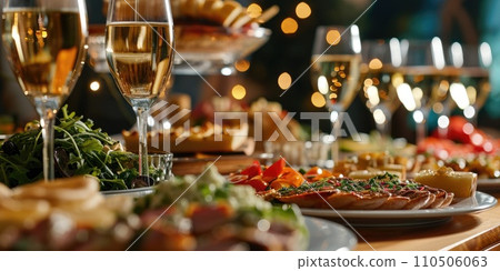 Catering buffet food on a long table in a hotel restaurant Catering buffet food on a long table in a hotel restaurant 110506063