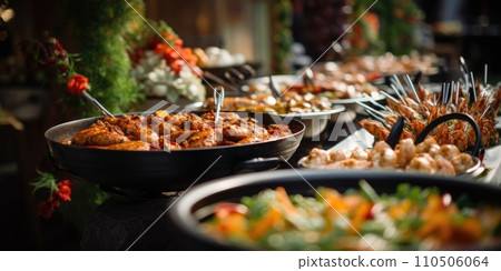 Catering buffet food on a long table in a hotel restaurant Catering buffet food on a long table in a hotel restaurant 110506064
