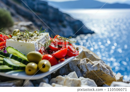 Greek salad with tomatoes, cucumbers, white feta cheese, olives and the sea in the background Greek salad with tomatoes, cucumbers, white feta cheese, olives and the sea in the background 110506071