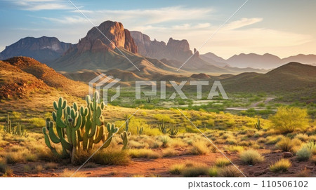 Wild West Texas desert landscape with mountains and cacti. 110506102