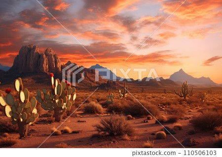 Wild West Texas desert landscape with sunset with mountains and cacti. 110506103