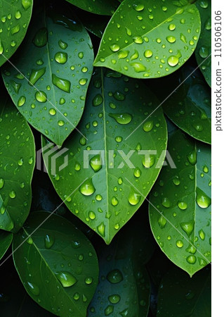 A close up of water droplets on leaves 110506106