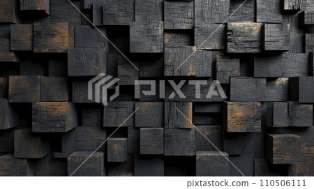 Abstract block stack wooden 3d cubes, black wood texture for backdrop 110506111