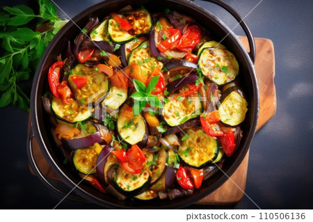 Baked Ratatouille in black casserole. French vegetarian food Baked Ratatouille in black casserole. French vegetarian food 110506136