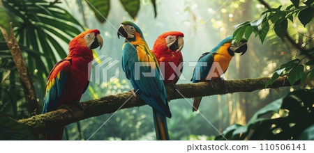 Tropical parrots sitting on a tree branch in the rainforest Tropical parrots sitting on a tree branch in the rainforest 110506141