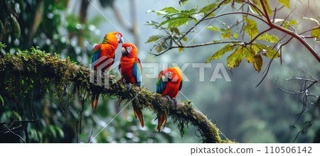 Tropical parrots sitting on a tree branch in the rainforest 110506142