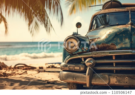 An old car parked on a tropical beach with a canoe on the roof. An old car parked on a tropical beach with a canoe on the roof. 110506147
