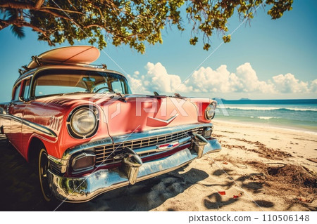 An old car parked on a tropical beach with a canoe on the roof. An old car parked on a tropical beach with a canoe on the roof. 110506148
