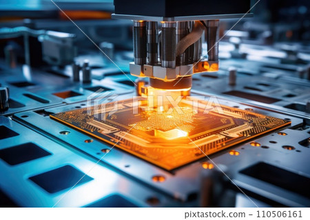 Production of computer chips. Close-up of silicon die and semiconductor wafer Production of computer chips. Close-up of silicon die and semiconductor wafer 110506161