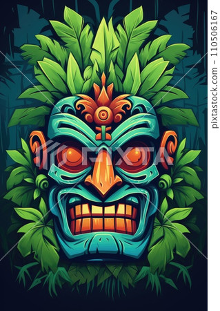 Illustration of a tropical Tiki mask. Symbol of a wild tribe in the jungle. Illustration of a tropical Tiki mask. Symbol of a wild tribe in the jungle. 110506167