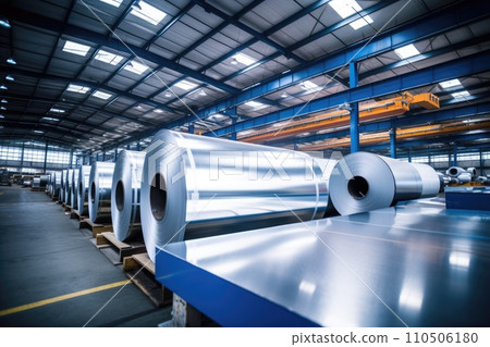 Rolls of galvanized steel sheet inside the factory or warehouse. Industrial production 110506180