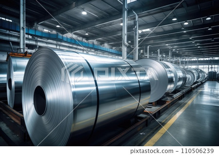 Rolls of galvanized steel sheet inside the factory or warehouse. Industrial production 110506239