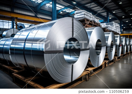 Rolls of galvanized steel sheet inside the factory or warehouse. Industrial production 110506259