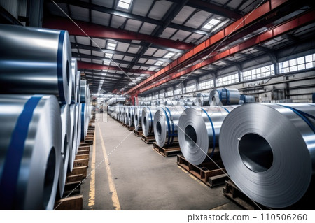 Rolls of galvanized steel sheet inside the factory or warehouse. Industrial production 110506260