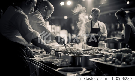 A bustling catering event, with chefs preparing exquisite dishes in an open kitchen. Catering buffet food indoor in restaurant A bustling catering event, with chefs preparing exquisite dishes in an open kitchen. Catering buffet food indoor in restaurant 110506280