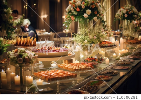 Catering buffet food on a long table in a hotel restaurant 110506281