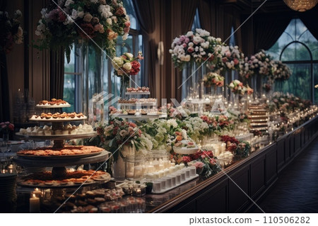 Catering buffet food on a long table in a hotel restaurant Catering buffet food on a long table in a hotel restaurant 110506282