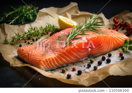 Fresh raw salmon steak on a parchment paper 110506300