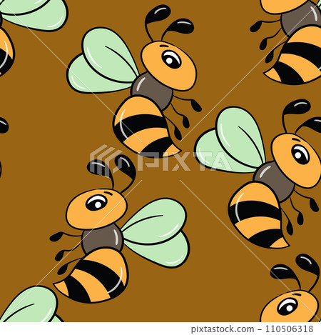 Seamless pattern with bees on color background. Small wasp. Vector illustration. Adorable cartoon character. Template design for invitation, cards, textile, fabric. Doodle style 110506318