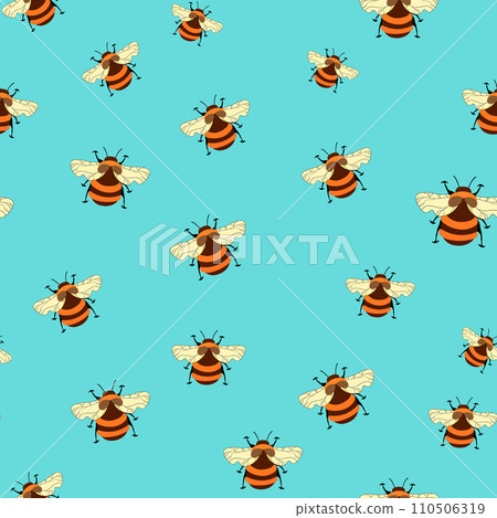 Seamless pattern with bees on floral background. Small wasp. Vector illustration. Adorable cartoon character. Template design for invitation, cards, textile, fabric. Doodle style 110506319