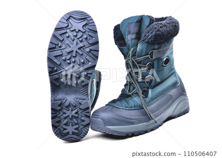 insulated off-road boots for the cold season, high shin, lacing, anti-slip grooved sole for travel and winter fishing isolate 110506407