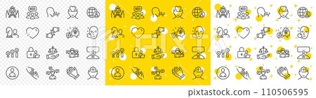 Outline Auction, Lock and Helping hand line icons pack for web with International recruitment, Customer satisfaction, Chess line icon. People talking, Heart, Inclusion pictogram icon. Vector 110506595