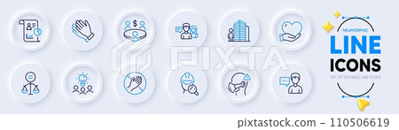 People talking, Clapping hands and Volunteer line icons for web app. Pack of Ethics, Person talk, Agent pictogram icons. Meeting, Report, Dont touch signs. Business idea, Medical mask, Inspect. Vector People talking, Clapping hands and Volunteer line icons for web app. Pack of Ethics, Person talk, Agent pictogram icons. Meeting, Report, Dont touch signs. Business idea, Medical mask, Inspect. Vector 110506619