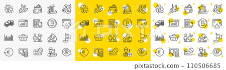Outline Card, Coins banknote and Calculator alarm line icons pack for web with Dollar exchange, Bitcoin, Exchange currency line icon. Bar diagram, Fuel price, Money pictogram icon. Vector 110506685