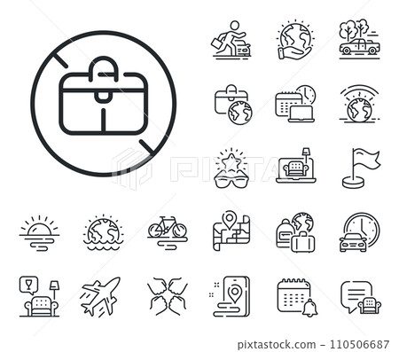 Forbidden hand baggage sign. Plane jet, travel map and baggage claim outline icons. No handbag line icon. Travel bag not allowed symbol. No handbag line sign. Car rental, taxi transport icon. Vector 110506687