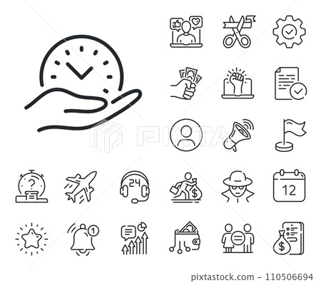 Clock sign. Salaryman, gender equality and alert bell outline icons. Safe time line icon. Office management symbol. Safe time line sign. Spy or profile placeholder icon. Online support, strike. Vector 110506694