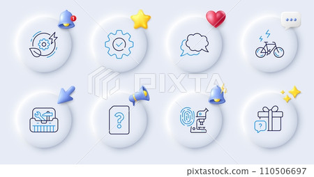 Green energy, Chat message and Execute line icons. Buttons with 3d bell, chat speech, cursor. Pack of Unknown file, Fingerprint research, Toolbox icon. Secret gift, E-bike pictogram. Vector 110506697