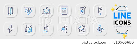 Laptop, Energy and Deflation line icons for web app. Pack of Inspect, Ice cream milkshake, Fishing reel pictogram icons. Open door, Ceiling lamp, Ice cream signs. Water analysis, Mail. Vector 110506699