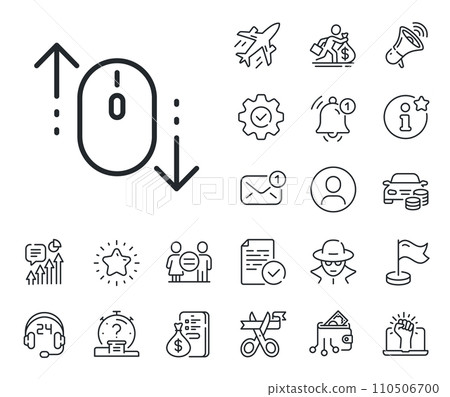 Scrolling screen sign. Salaryman, gender equality and alert bell outline icons. Scroll down mouse line icon. Swipe page. Scroll down line sign. Spy or profile placeholder icon. Vector 110506700