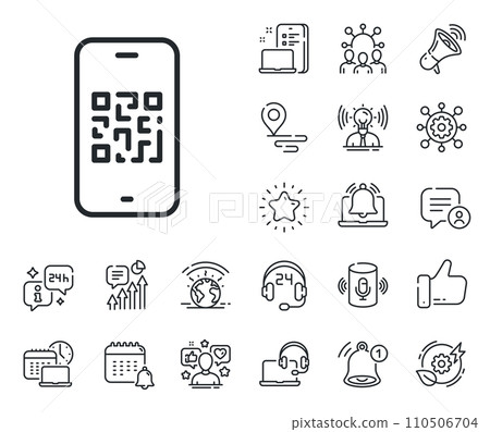 Scan barcode sign. Place location, technology and smart speaker outline icons. Qr code line icon. Phone code scanner symbol. Qr code line sign. Influencer, brand ambassador icon. Vector 110506704