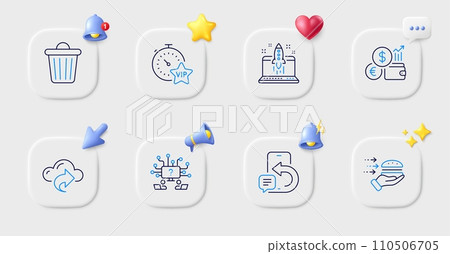 Trash bin, Start business and Food delivery line icons. Buttons with 3d bell, chat speech, cursor. Pack of Vip timer, Phone message, Cloud share icon. Vector 110506705