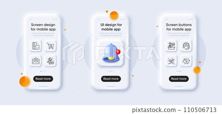 Reject mail, Loan percent and Auction hammer line icons pack. 3d phone mockups with bell alert. Glass smartphone screen. Special offer, Startup concept, Medical support web icon. Vector Reject mail, Loan percent and Auction hammer line icons pack. 3d phone mockups with bell alert. Glass smartphone screen. Special offer, Startup concept, Medical support web icon. Vector 110506713