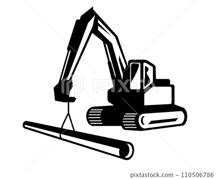 Digger Excavator with Boom Crane Laying Pipe Mascot 110506786